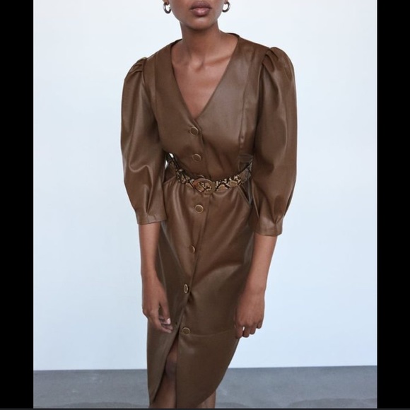Zara NWT “Leather” Button Up Dress in Black - Picture 2 of 3
